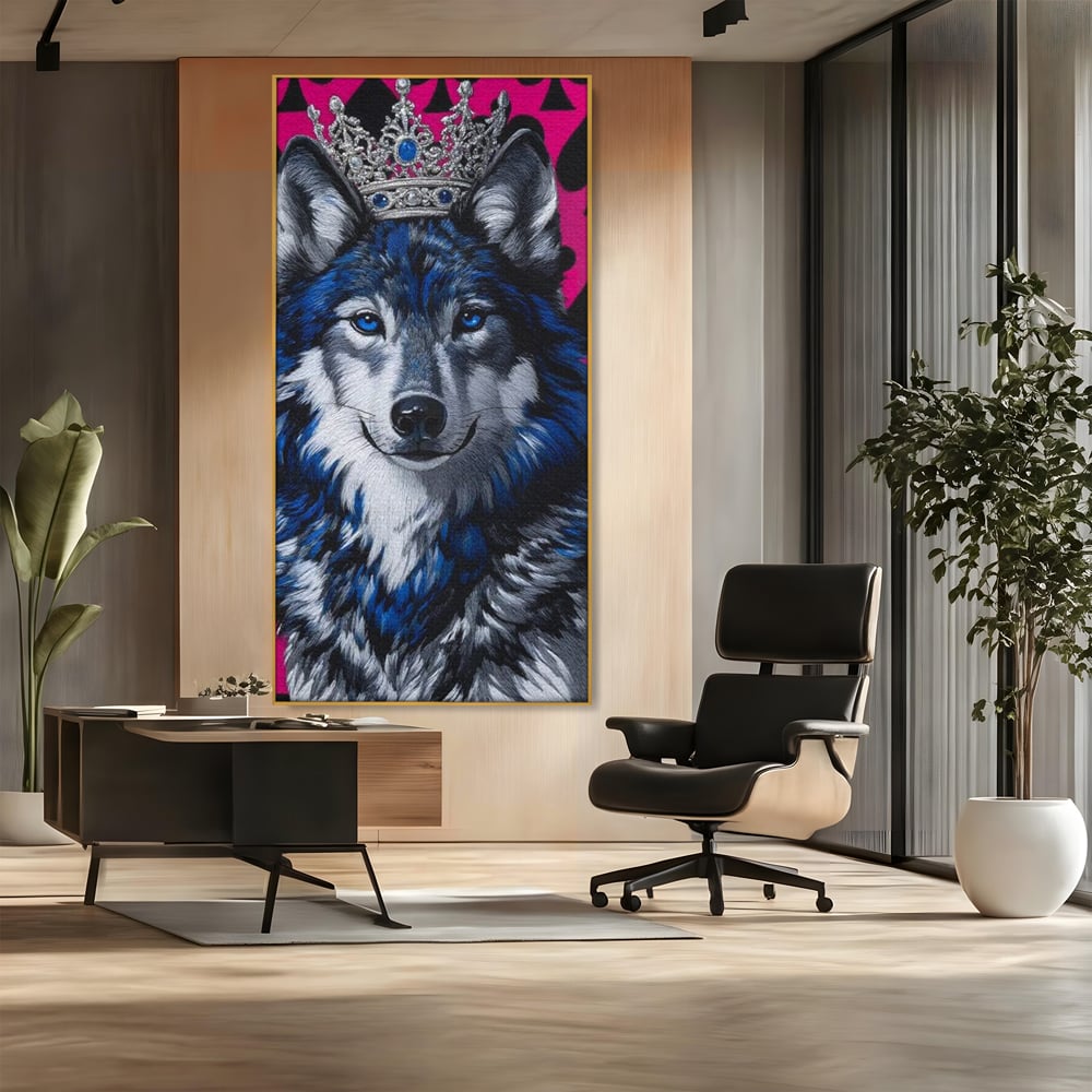 Tablou canvas cu tablou canvas cu lup incoronat, in rama de aluminiu auriu, pe perete intr-un birou